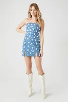 Women's Sequin Flower Denim Mini Tube Dress in Medium Denim Small