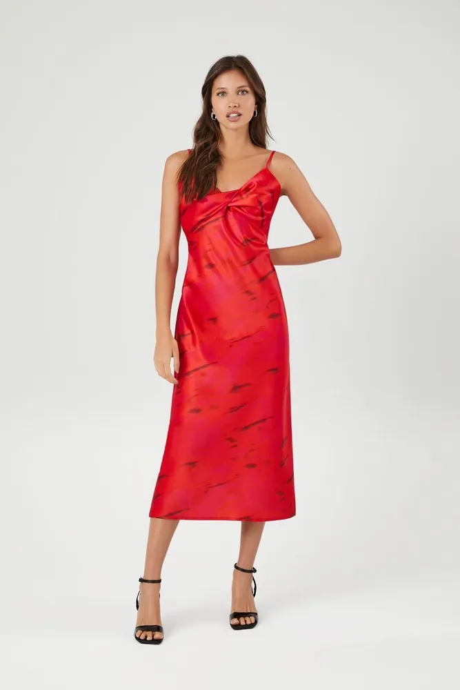 Women's Satin Abstract Print Midi Dress in Fuchsia Medium