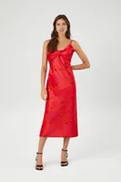 Women's Satin Abstract Print Midi Dress in Fuchsia Medium