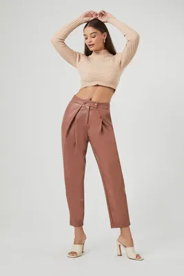 Women's Faux Leather Tapered High-Rise Pants in Praline Small