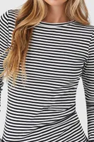 Women's Striped Ribbed Knit Long-Sleeve Top in Black/White Small