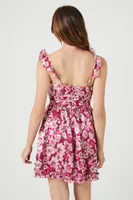 Women's Floral Print Ruffle Mini Dress in Pink, XL