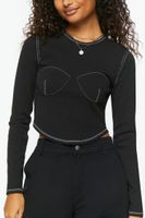 Women's Bustier-Stitched Long-Sleeve Top in Black/White Medium