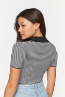 Women's Striped V-Neck Sweater-Knit Bodysuit in Black/White, XS