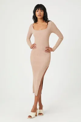 Women's Thigh-Slit Midi Sweater Dress in Taupe Large