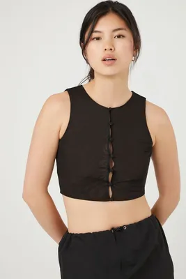 Women's Button-Front Mesh Crop Top in Black Large