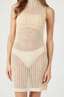 Women's Sheer Crochet Mini Dress in Natural, XL