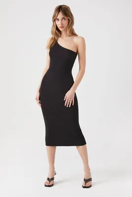 Women's Ribbed One-Shoulder Midi Dress in Black Small