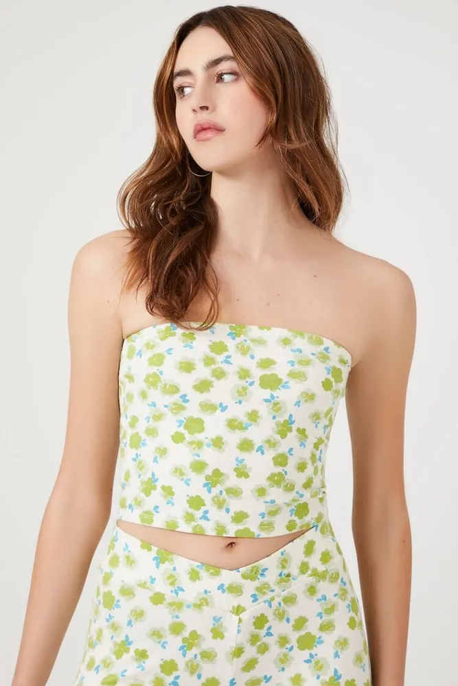 Women's Floral Print Cropped Tube Top in Blue/Green Small