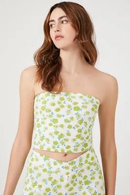 Women's Floral Print Cropped Tube Top in Blue/Green Medium