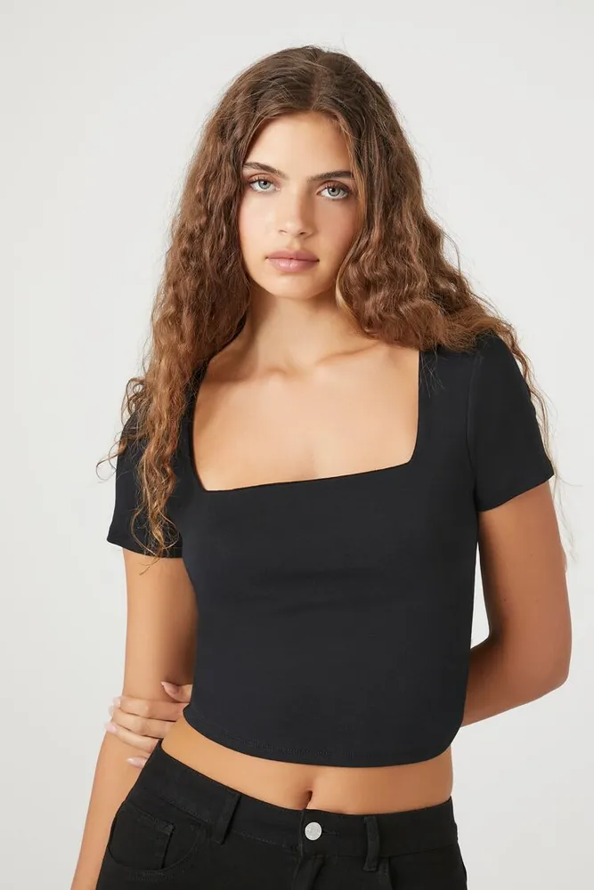 Women's Ribbed Ruched Square-Neck Crop Top in Black Medium