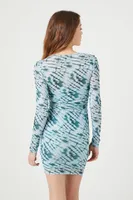 Women's Mesh Tie-Dye Bodycon Mini Dress in Green Small