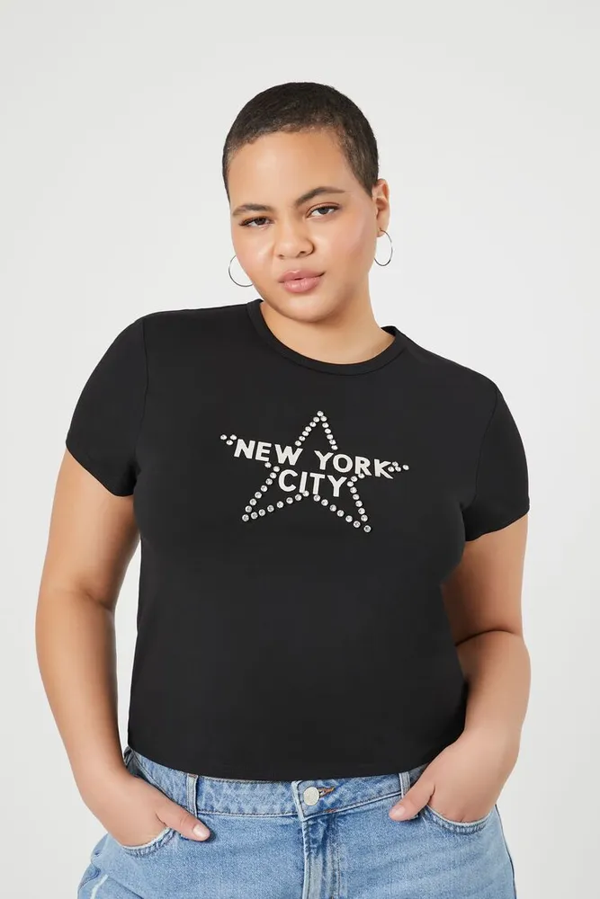 Women's Rhinestone New York Cropped T-Shirt in Black, 0X