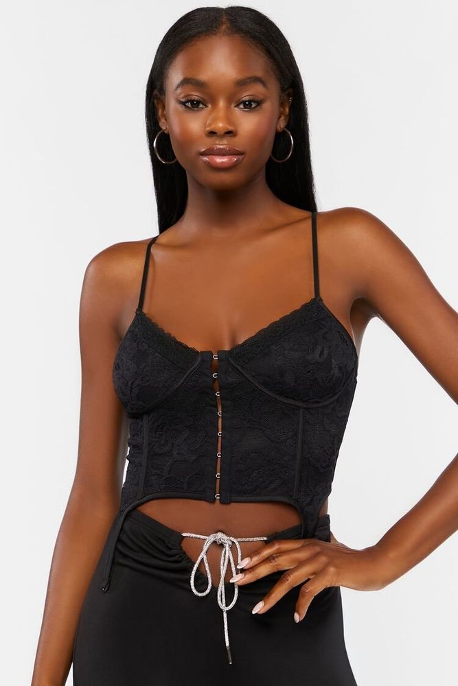 Forever 21 Women's Lace Hook-and-Eye Bustier Crop Top in Black Large