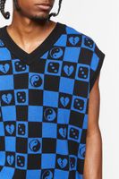 Men Checkered Yin Yang Sweater Vest in Black/Blue Medium