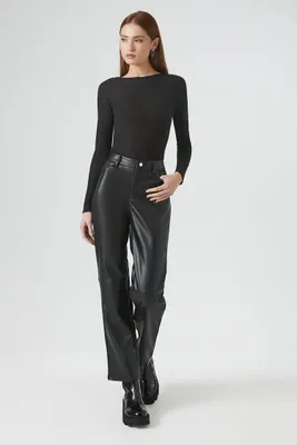 Women's Faux Leather Straight Pants in Black Large