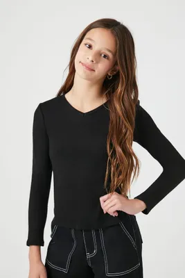 Girls V-Neck Long-Sleeve Top (Kids) in Black, 9/10