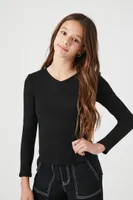 Girls V-Neck Long-Sleeve Top (Kids) in Black, 9/10