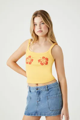 Women's Flower Graphic Cropped Cami in Yellow Large