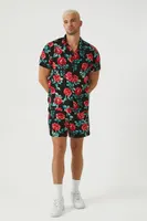 Men Rose Print Drawstring Shorts in Black, XL