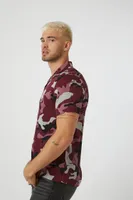 Men Camo Print Cuban Collar Shirt in Burgundy Medium