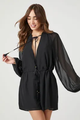 Women's Sheer Peasant-Sleeve Romper in Black Medium