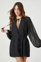 Women's Sheer Peasant-Sleeve Romper in Black Medium