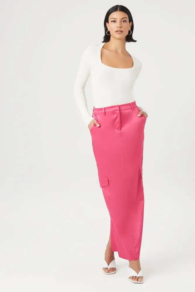 Women's Satin Cargo Maxi Skirt in Pink Medium