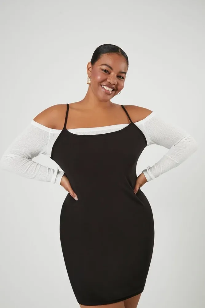 Women's Off-the-Shoulder Combo Dress in Black/White, 3X