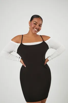 Women's Off-the-Shoulder Combo Dress in Black/White, 1X