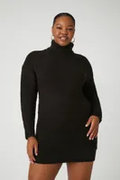 Women's Turtleneck Mini Sweater Dress in Black, 3X