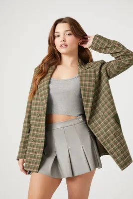 Women's Plaid Colorblock Double-Breasted Blazer in Olive Small