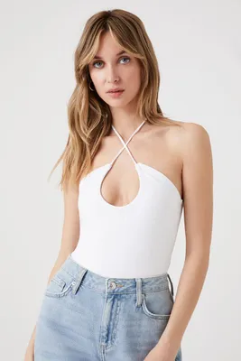 Women's Cutout Halter Bodysuit White,