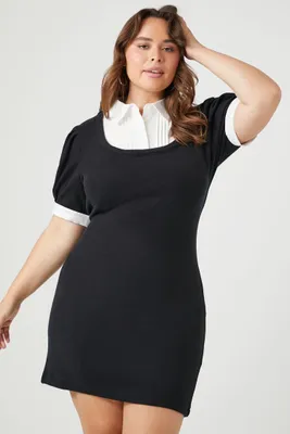 Women's Combo Sweater Shirt Mini Dress in Black/White, 0X
