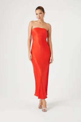 Women's Satin Strapless Maxi Dress in Fiery Red Large