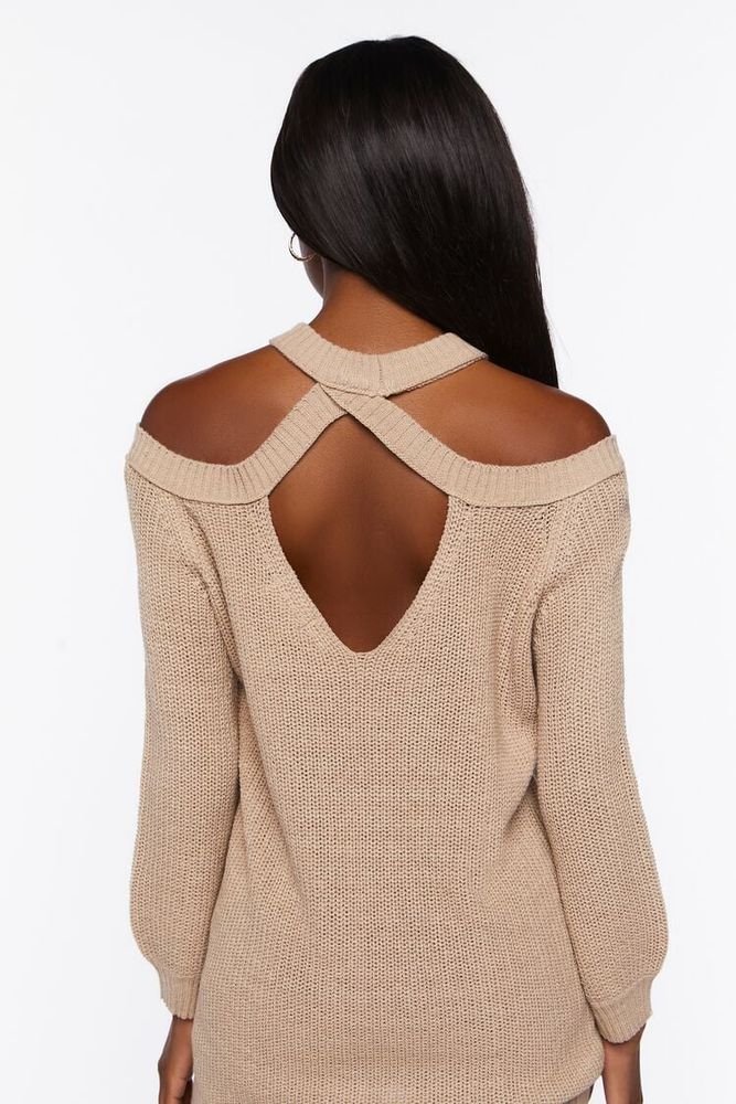 Women's Open-Shoulder Oversized Sweater in Taupe Medium