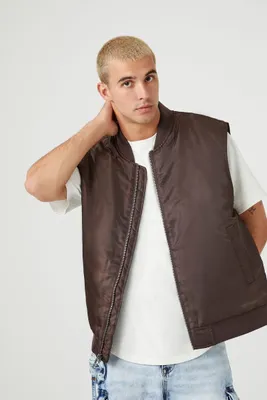 Men Zip-Up Ribbed-Trim Vest in Cocoa, XL