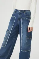 Women's Baggy Frayed Cargo Jeans in Dark Denim, 24