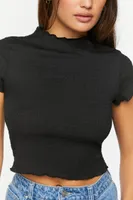 Women's Smocked Mock Neck Crop Top in Black Large