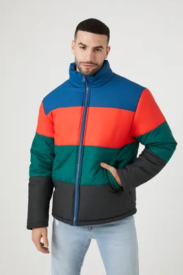 Men Colorblock Funnel Neck Puffer Jacket Peacock