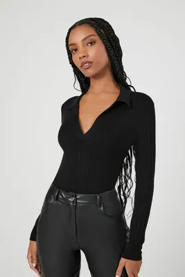 Women's Ribbed Sweater-Knit Bodysuit in Black Large
