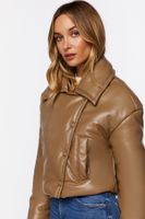 Women's Faux Leather Foldover Puffer Jacket in Taupe Large