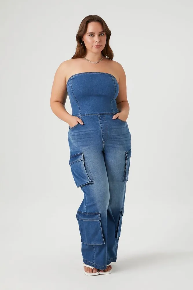 Women's Strapless Denim Jumpsuit Medium Denim,