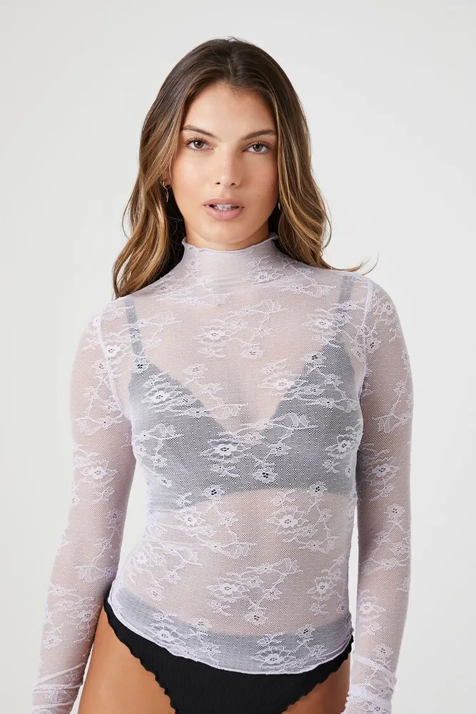 Women's Sheer Lace Mock Neck Top in Heather Lavender Small