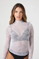 Women's Sheer Lace Mock Neck Top in Heather Lavender Small