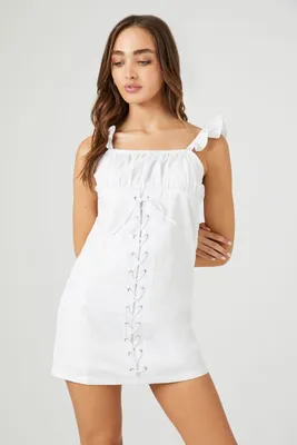 Women's Ruffle Lace-Up Babydoll Dress in White, XL