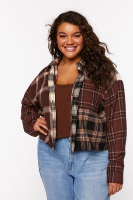 Women's Reworked Plaid Flannel Shirt in Brown, 1X