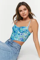 Women's Rose Print Ruched Bustier Cami in Blue Large