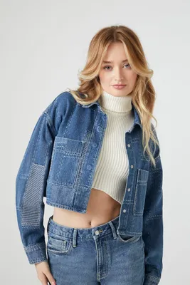 Women's Cropped Patchwork Denim Jacket in Medium Denim