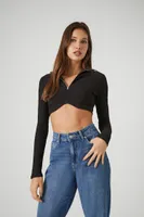 Women's Half-Zip Ribbed Crop Top Black